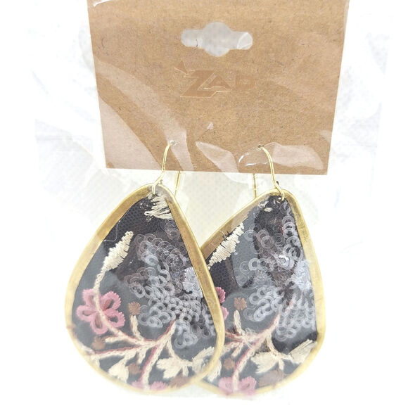 Embroidered Flower Teardrop Earring Gold Tone Fishhook Ear Wires - Picture 2 of 4